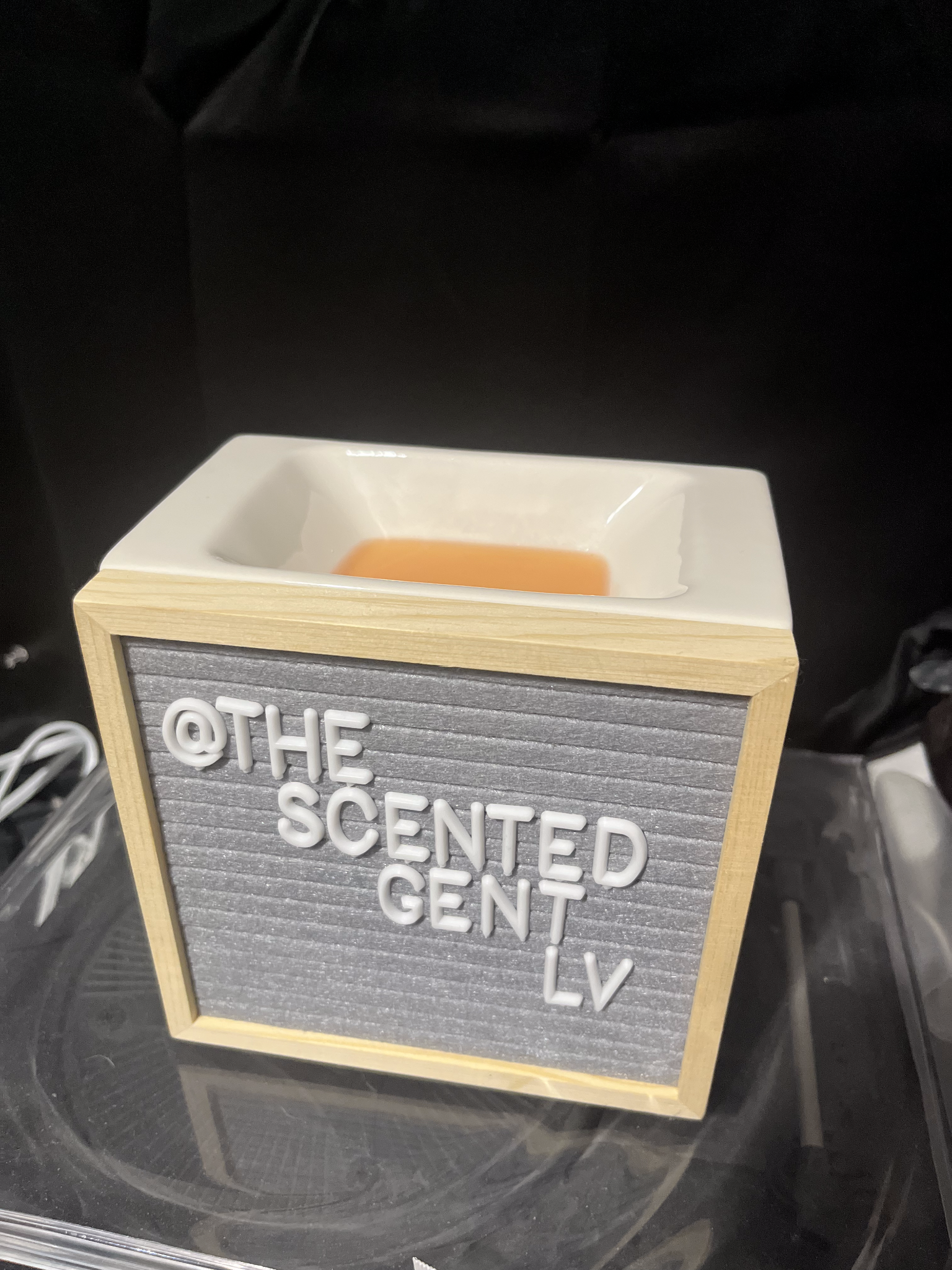 The Scented Gent LV letter board displayed with a Scentsy warmer